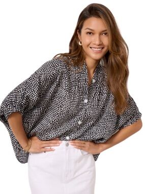 Emerson Fry India Collection Mandarin Collar Blouse Painterly Dot Black White OS